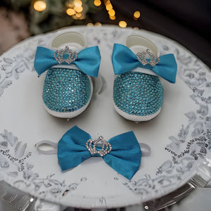 blue baby boy shoes and bow tie bling crown